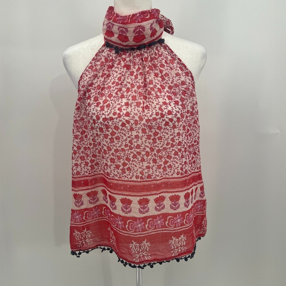 Southern Charm Red Floral Metallic Halter Top Pom Pom Trim Large